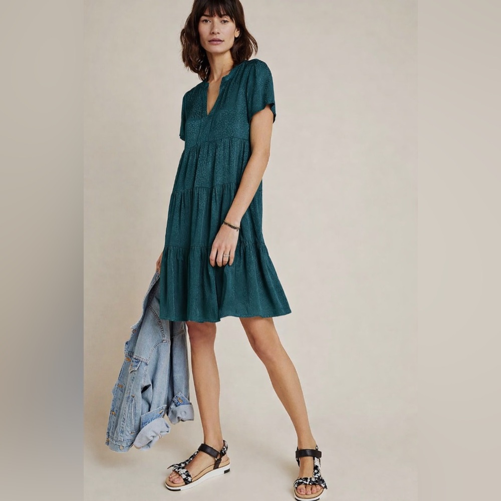 Anthropologie Maeve Tania Sacha Jacquard Tiered Tunic Dress‎ Dark Teal Green XS